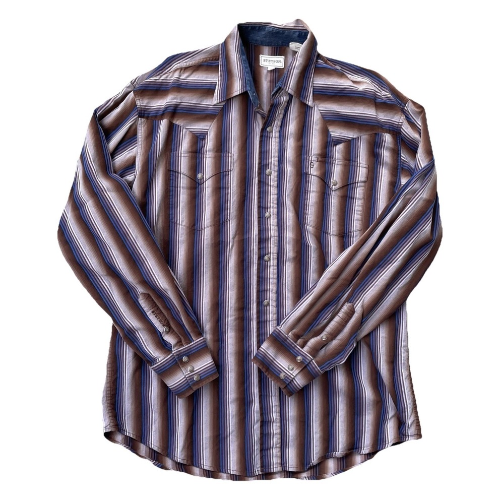 Men's Stetson Western snap‎ collared shirt, stripes, brown, blue, Size Large